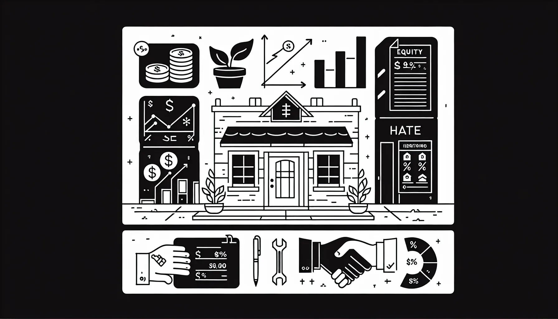 Line art of a veterinary clinic with icons for equity, vesting, seller financing, and sweat equity.