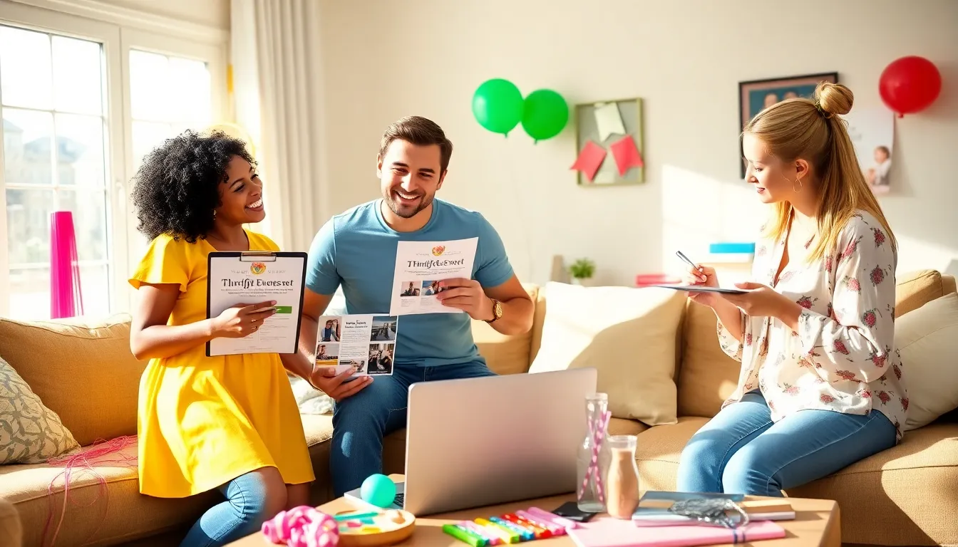 Friends planning a budget-friendly party in a cozy living room.