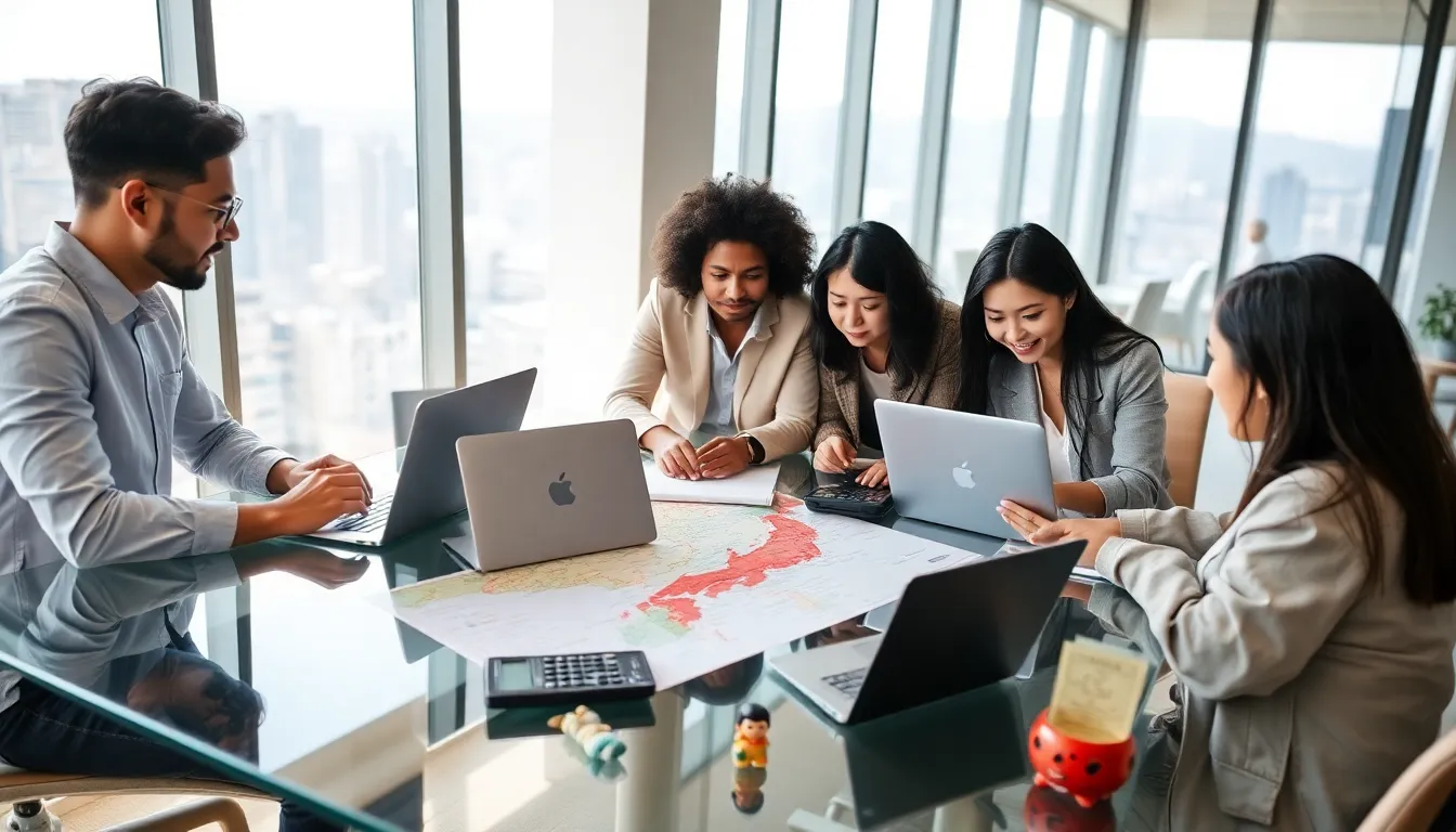 group planning a travel budget for Japan in a modern office.