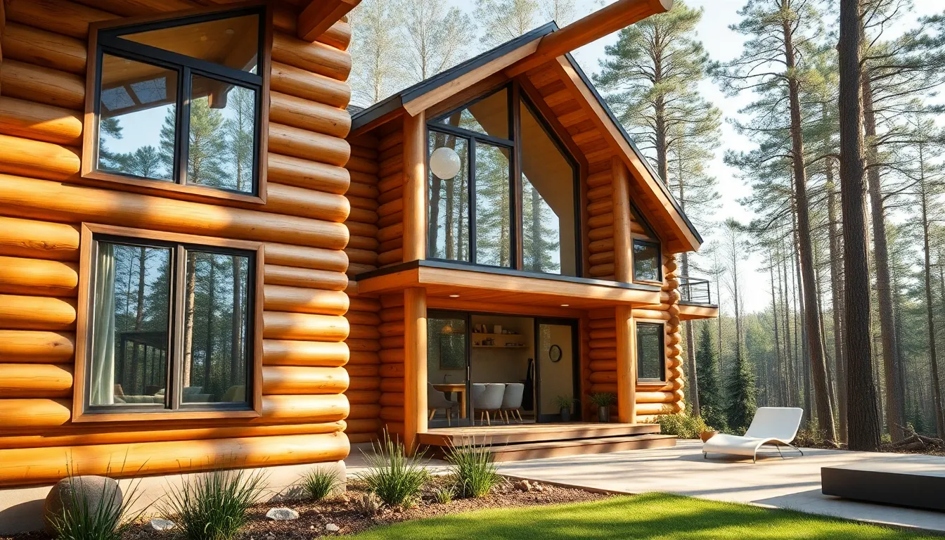 Modern log home nestled in a natural wooded setting.