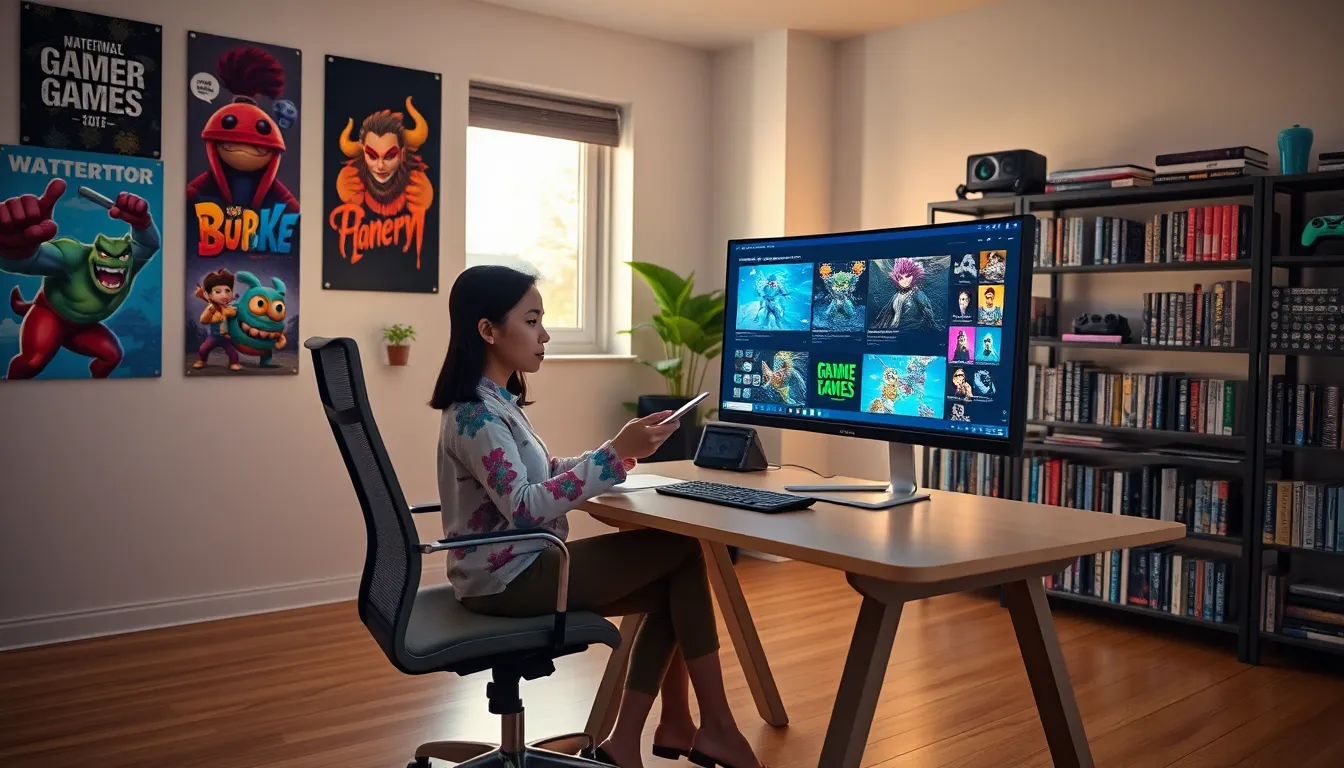 A young woman reviewing game design tutorials at a stylish desk.