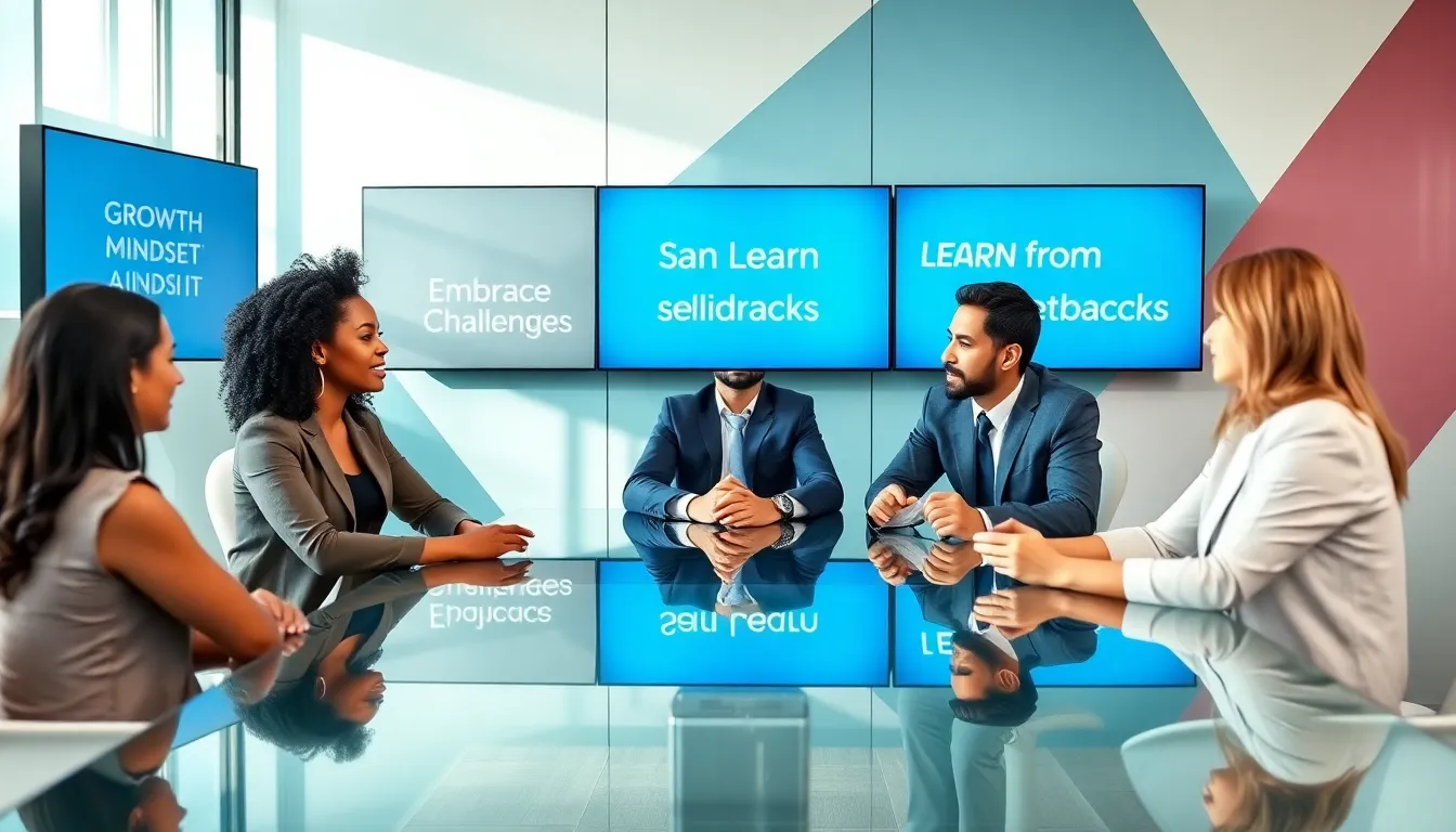 diverse team discussing growth mindset in a modern office.