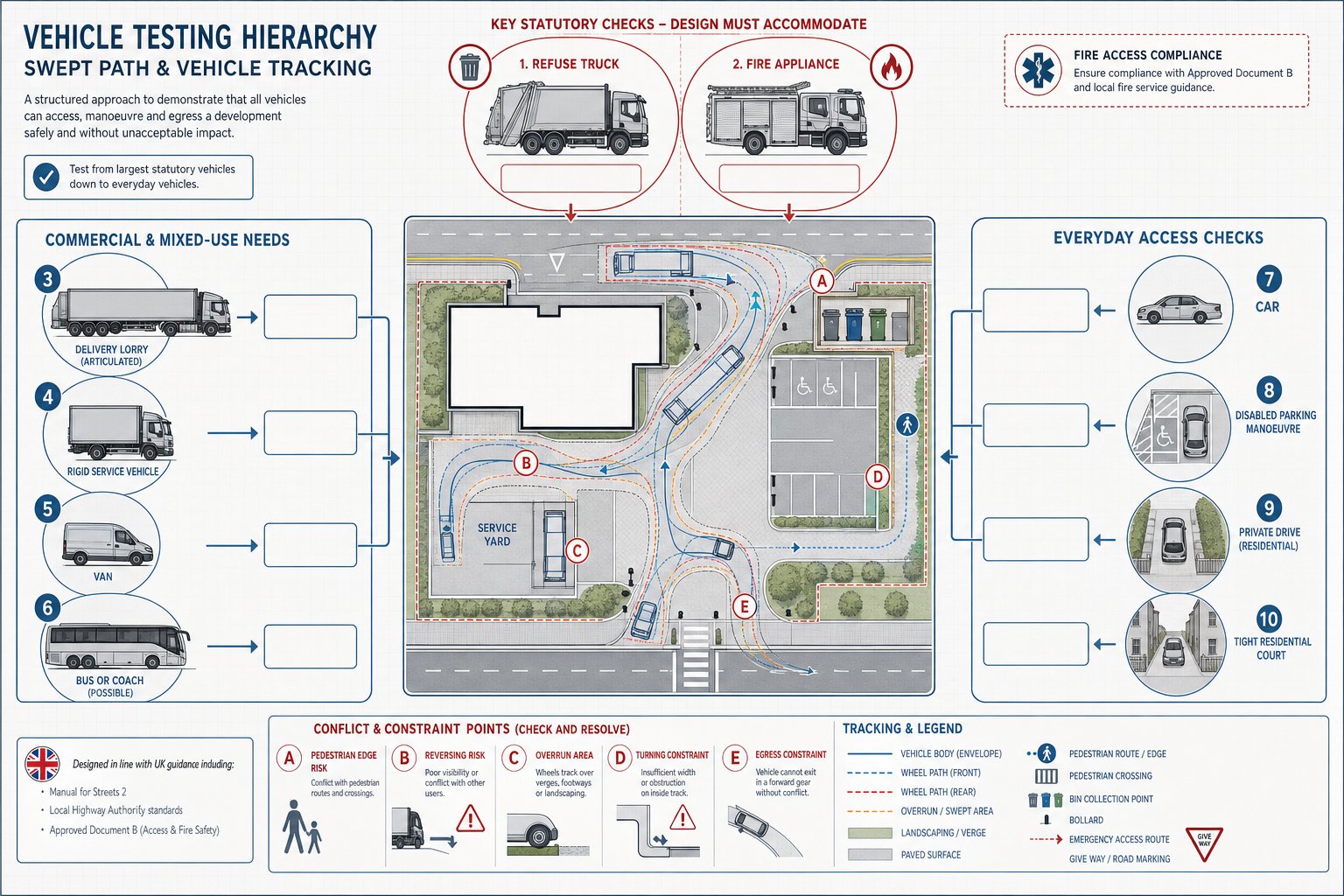 UK site access infographic showing vehicle tracking for cars, lorries, refuse and fire vehicles.