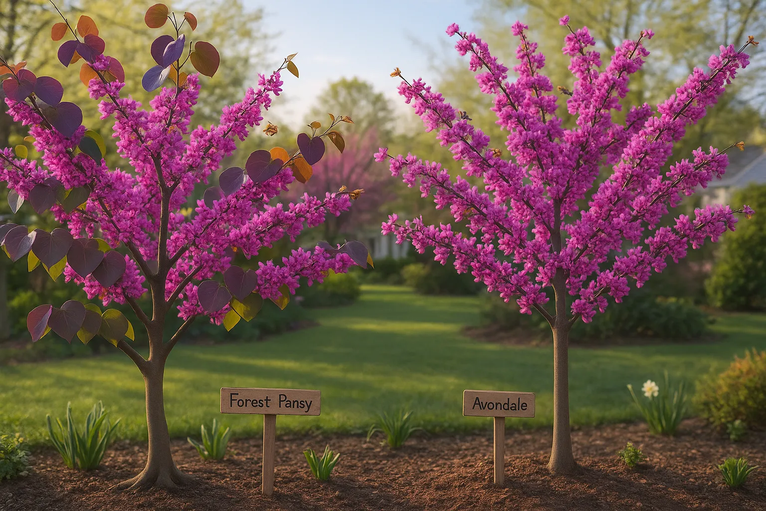 Two labeled redbud trees showing Forest Pansy and Avondale foliage and blooms.