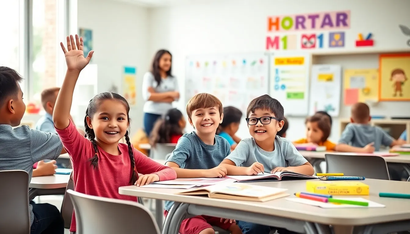 diverse elementary school children engaged in classroom activities.