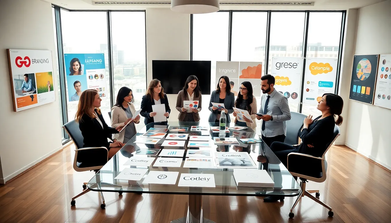 diverse team discussing branding guides in a modern office.