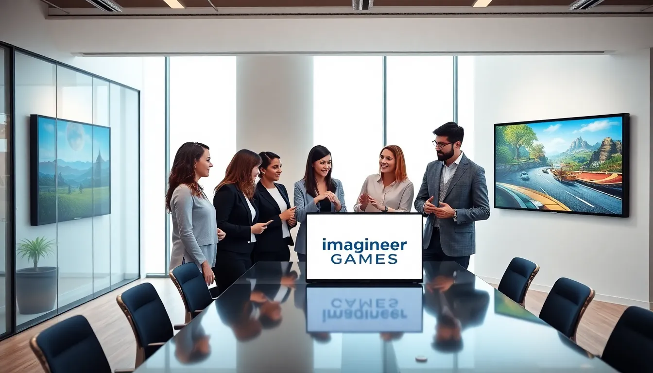 diverse team discussing in a modern office setting, showcasing Imagineer Games.