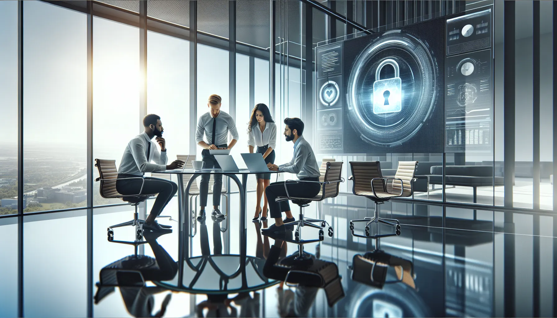 diverse professionals discussing online account security in a modern office.