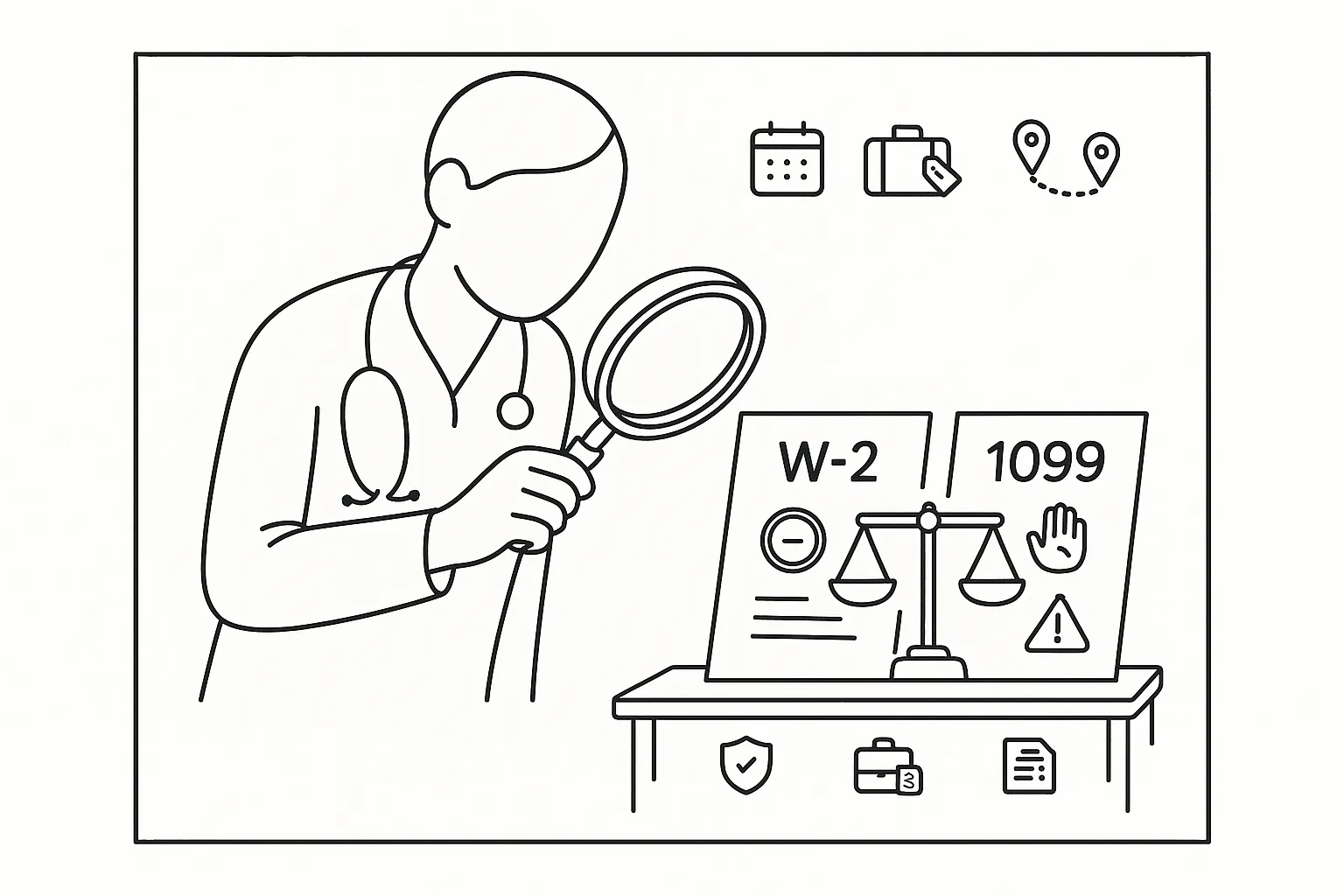 PA with magnifying glass reviewing W‑2 and 1099 contracts with icons of Iowa Physician Assistant Contract Review.