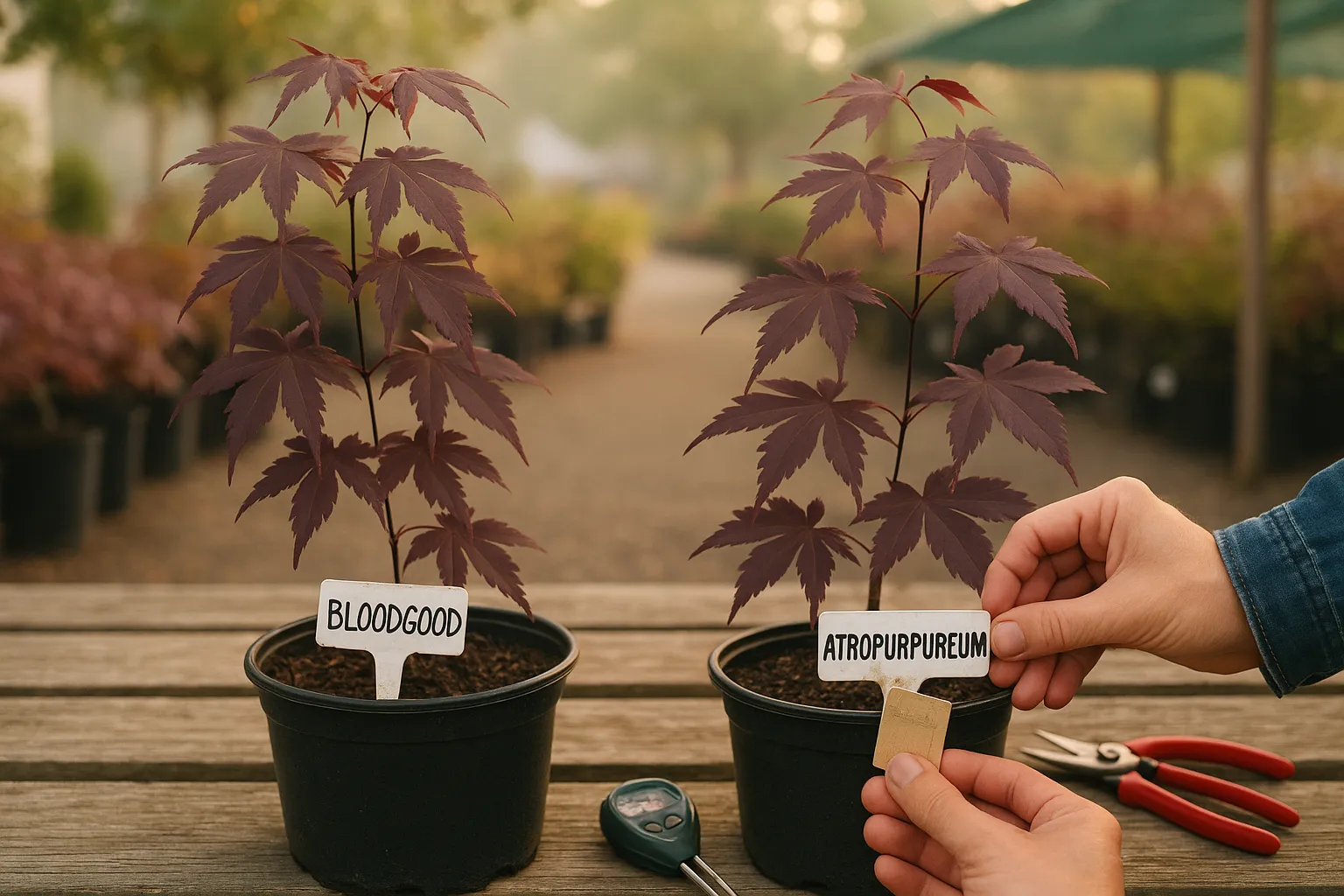 Two nearly identical purple Japanese maples with mismatched nursery tags.