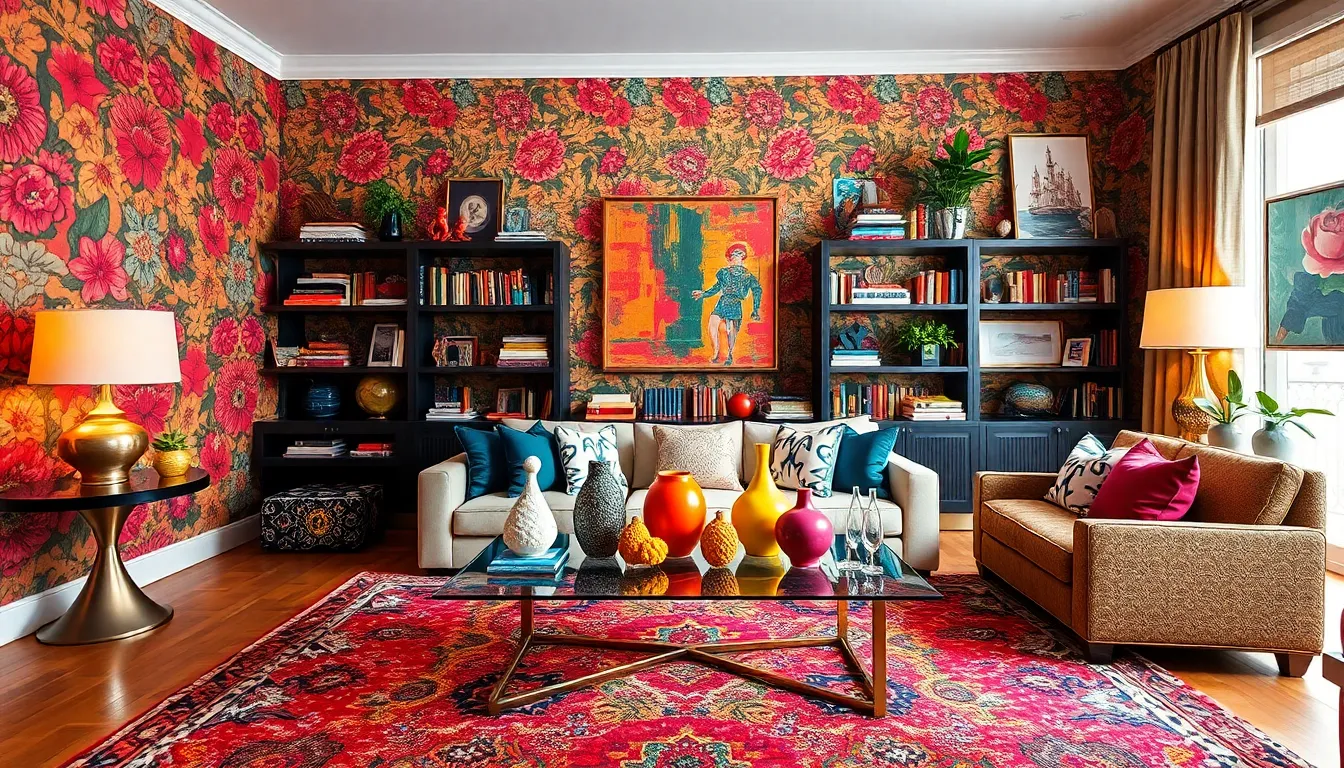 colorful living space showcasing maximalist design and decor.