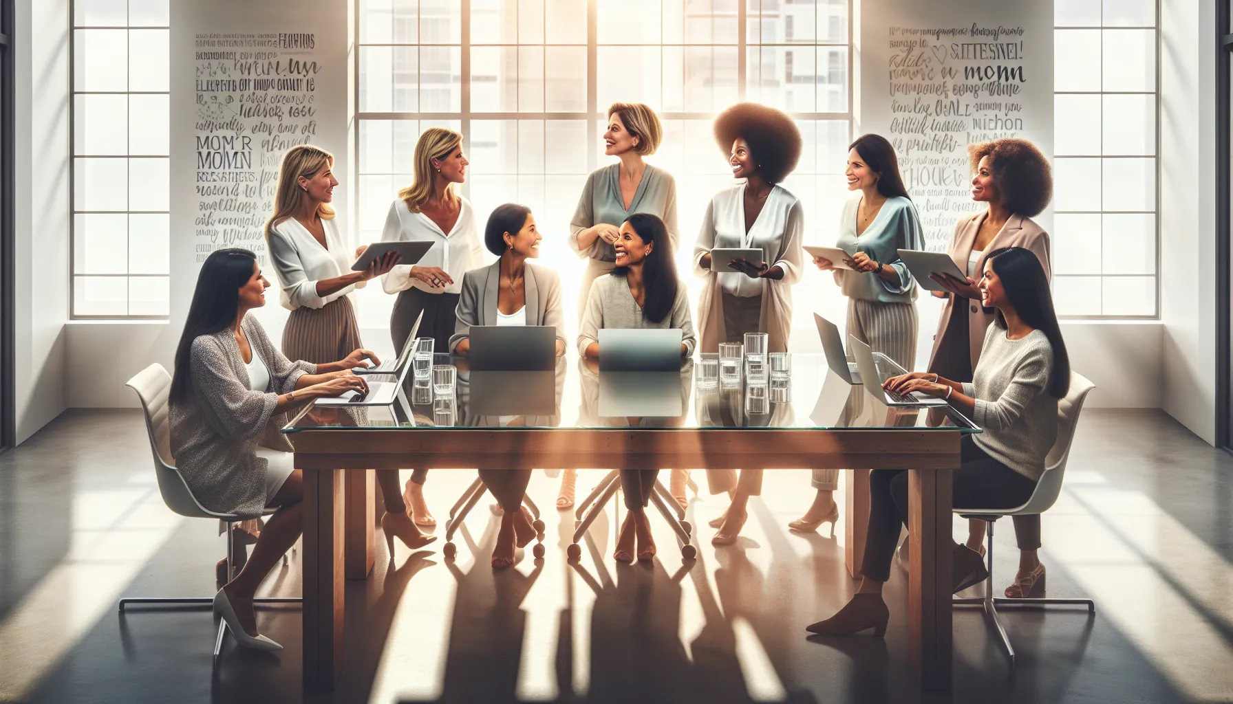 influential mothers collaborating in a modern office setting.