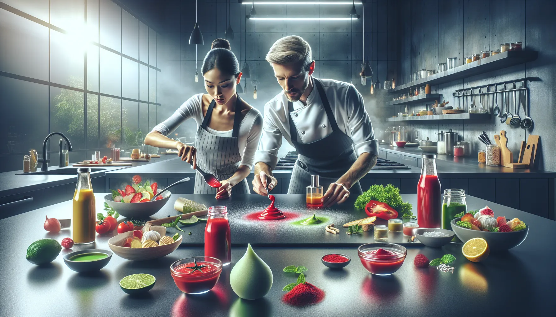 chefs collaborating in a modern kitchen with colorful food.