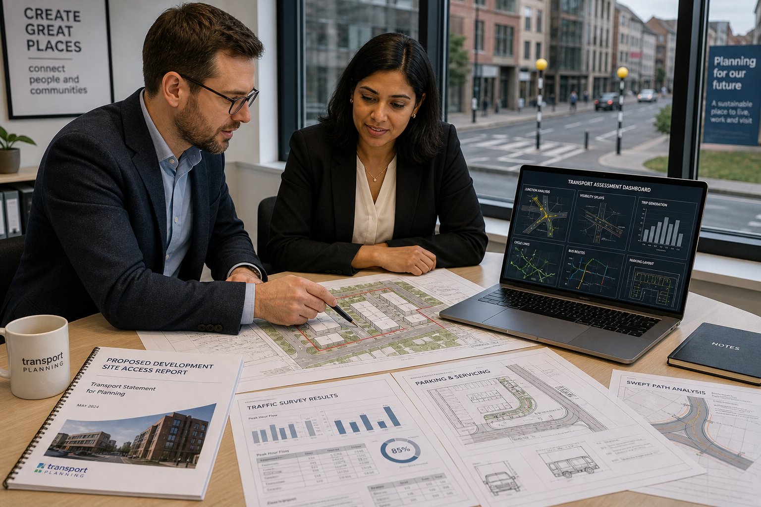 Transport consultant reviewing site access and traffic plans in a modern office.