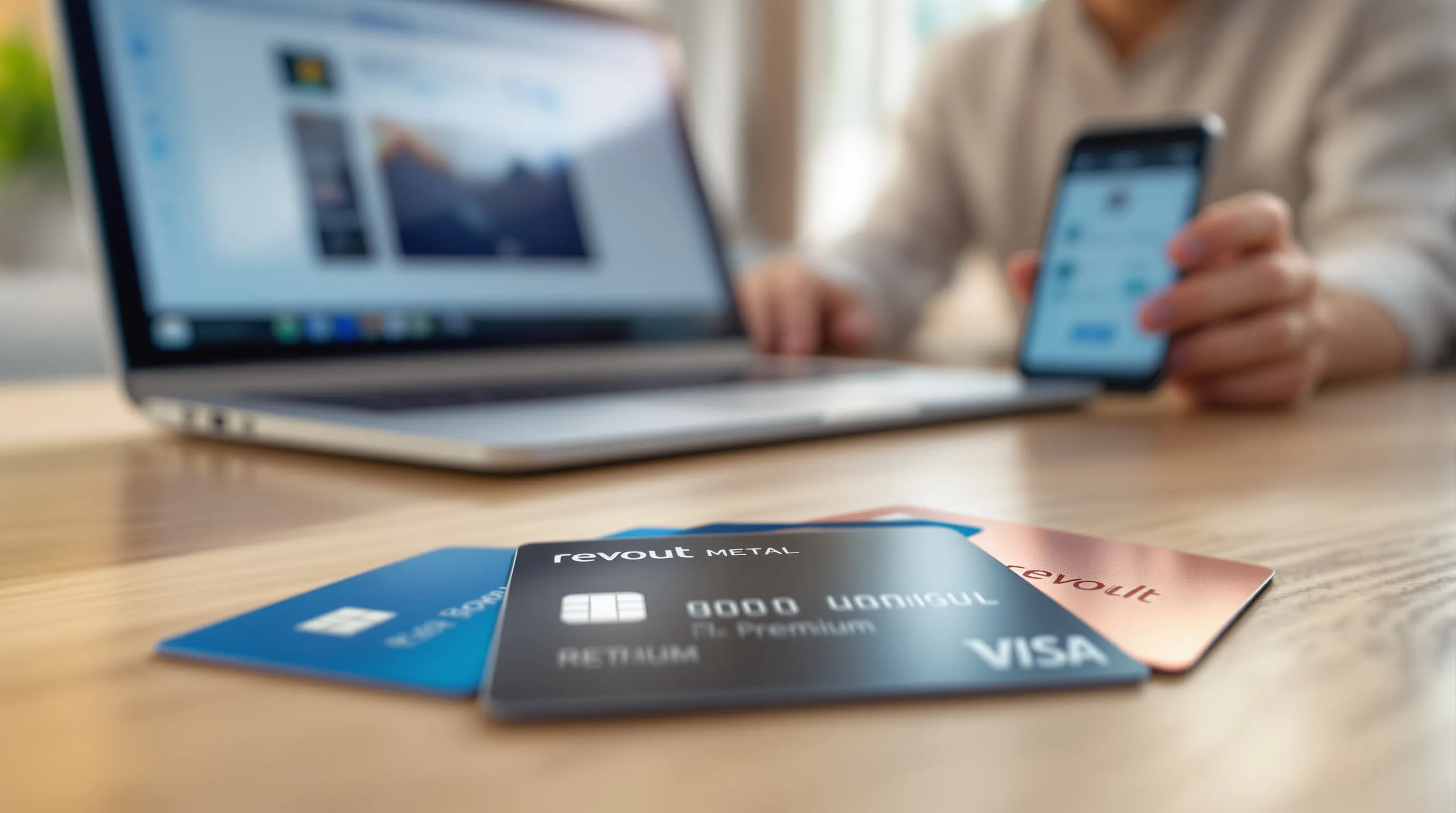 Three Revolut cards fanned out on a desk: Standard, Premium, and Metal card options.
