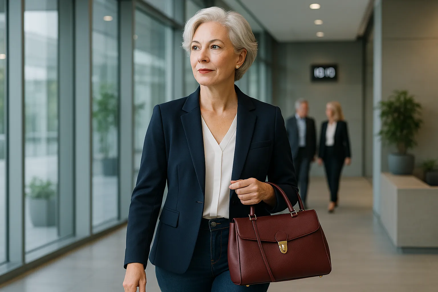 Confident woman over 50 with a structured leather satchel in a modern office.