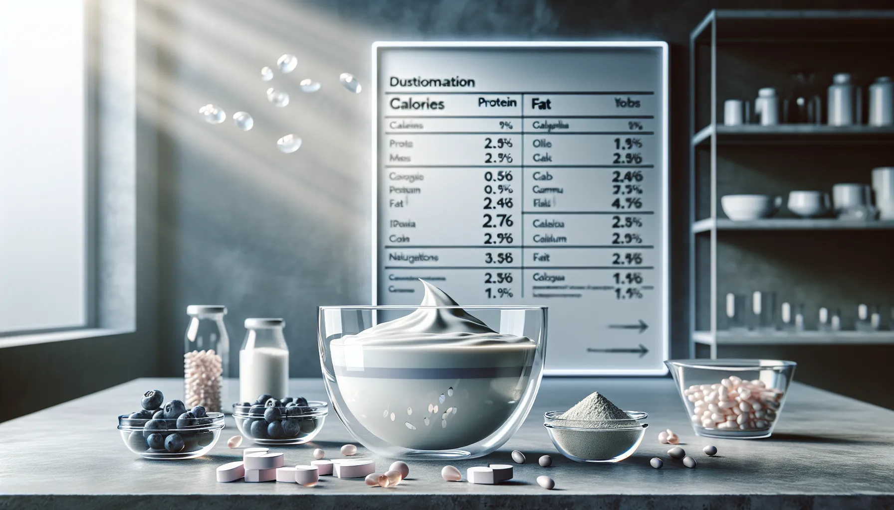 Glass bowl of Greek yogurt with nutrition table in a modern setting.