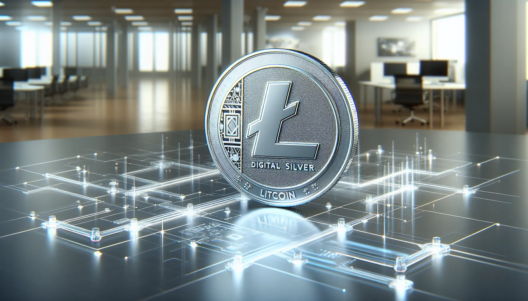 Silver Litecoin coin with digital blockchain network in modern professional setting.