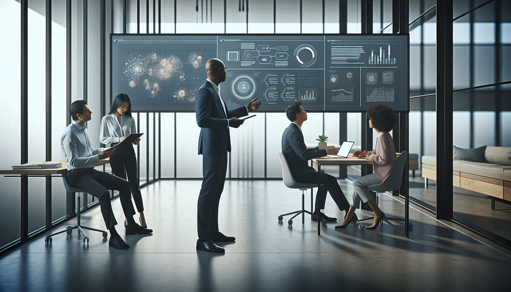 diverse team collaborating on Francamercurio1 in a modern office.