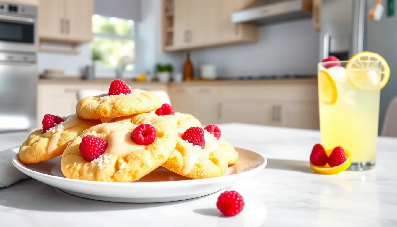 a plate of raspberry lemonade cookies with a glass of lemonade.