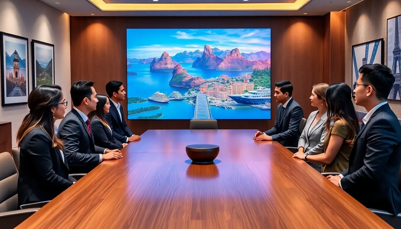 diverse team in a modern travel agency discussing luxury travel.