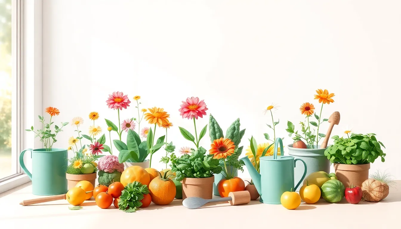 variety of colorful gardening clip art elements on a light background.