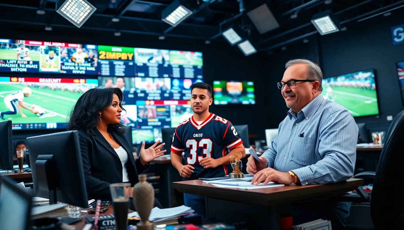 a vibrant sports newsroom with journalists discussing and screens displaying live updates.