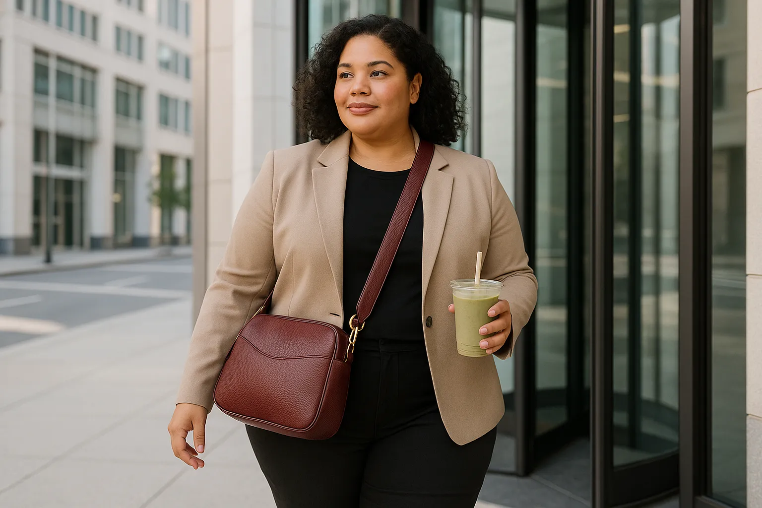 plus-size woman with a stylish leather crossbody bag in modern setting