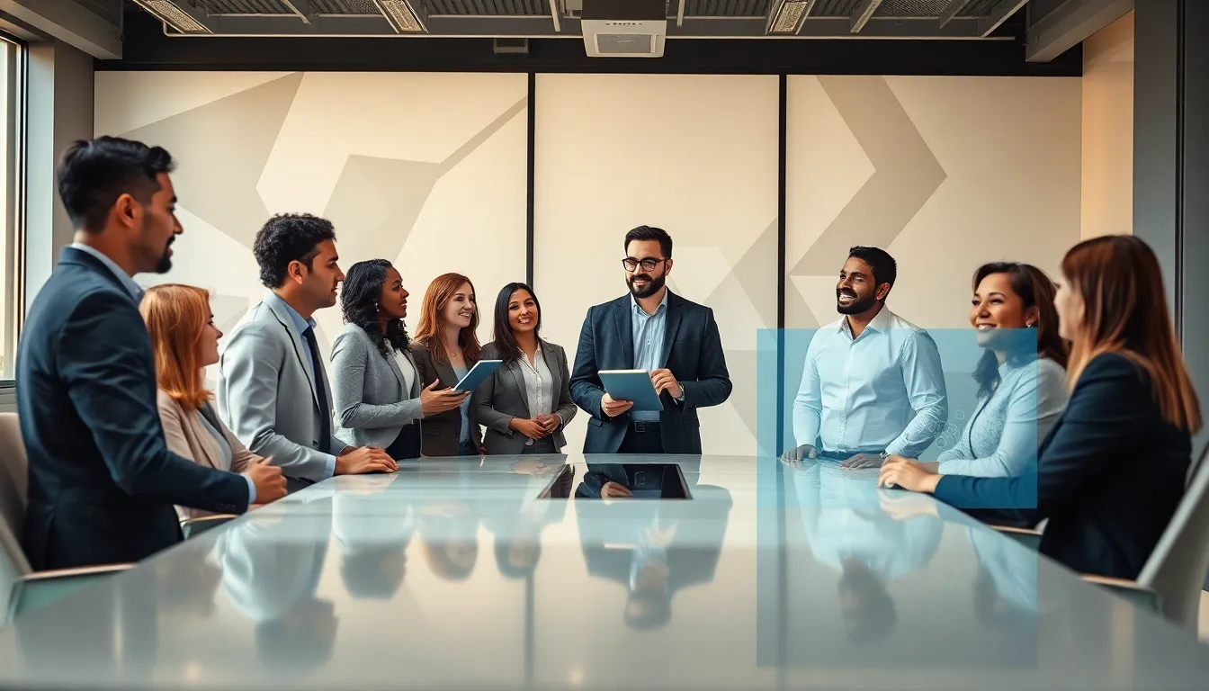 diverse professionals discussing complex ideas in a modern office setting.