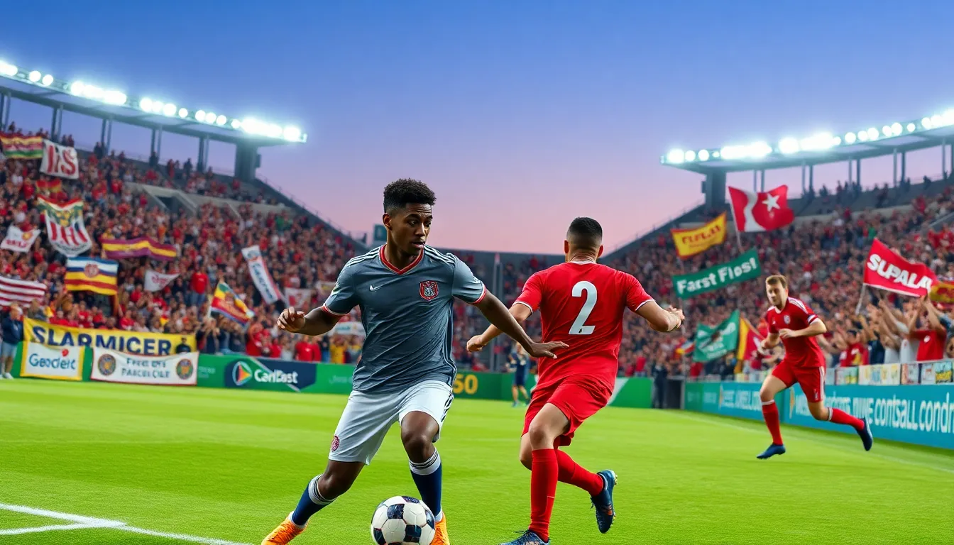 A lively football match in a stadium, with cheering fans and two players in action.