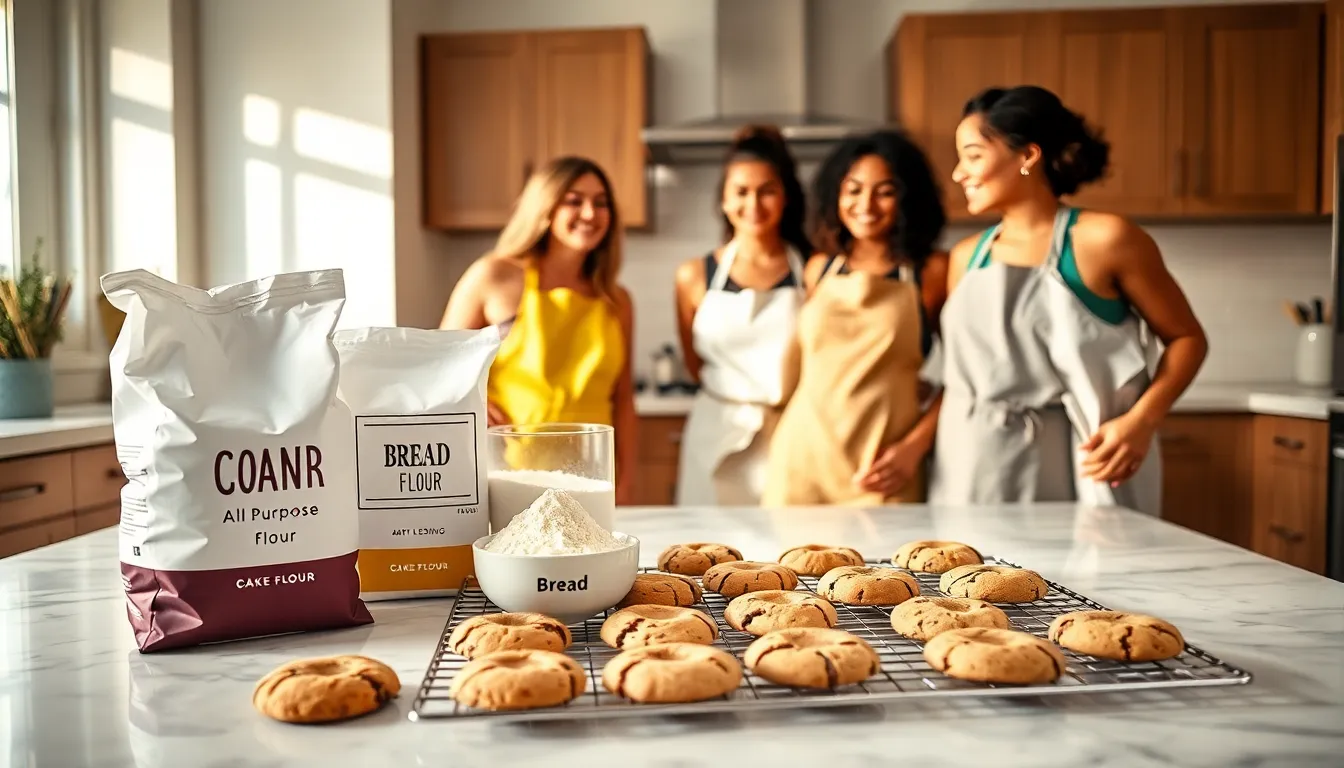 diverse bakers preparing cookies with different types of flour in a modern kitchen.