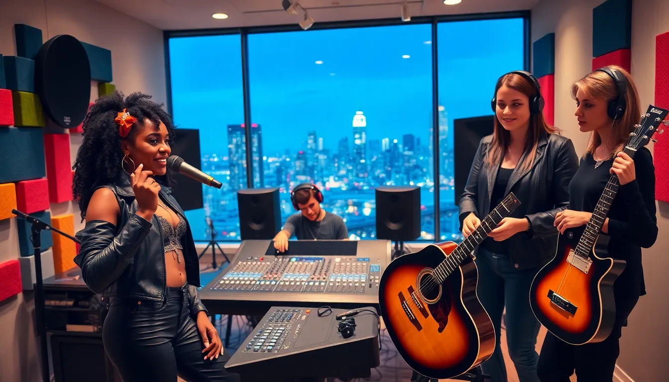 diverse pop music artists collaborating in a modern studio.