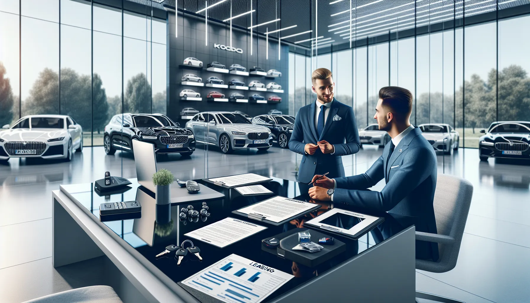 Croatian business advisor consulting client about car leasing in modern office.