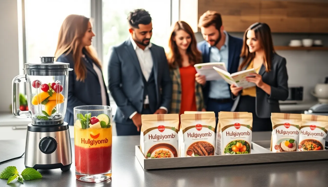 diverse group discussing recipes in a modern kitchen with Hulgiuyomb.