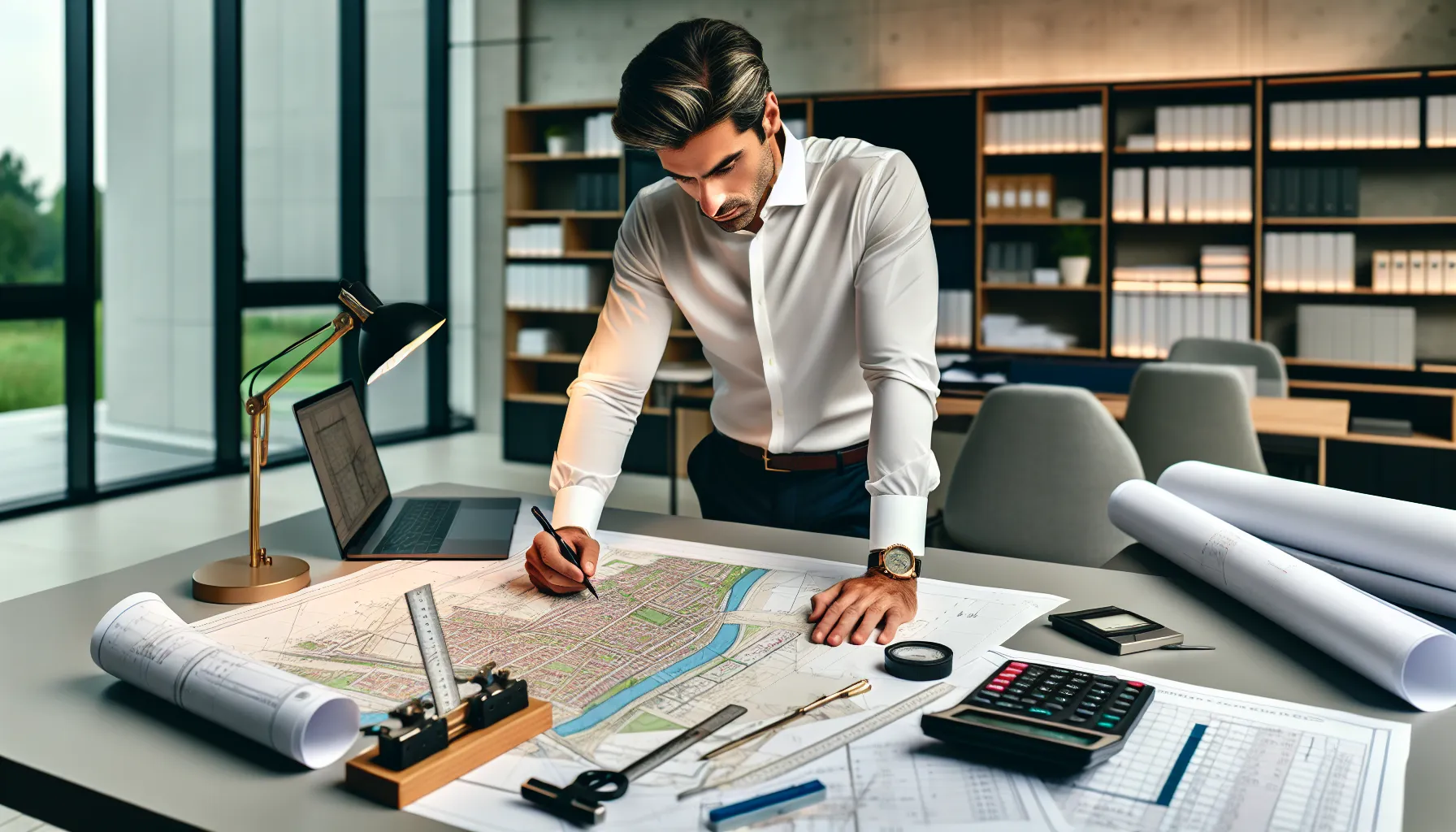 Croatian surveyor reviewing property documents and cadastral maps at modern desk.