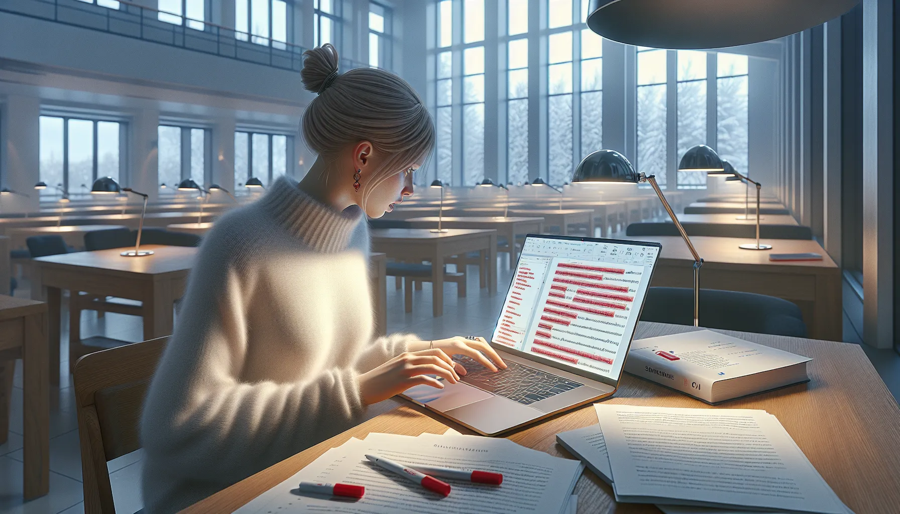 Norwegian student in university library viewing highlighted plagiarized text on laptop screen.