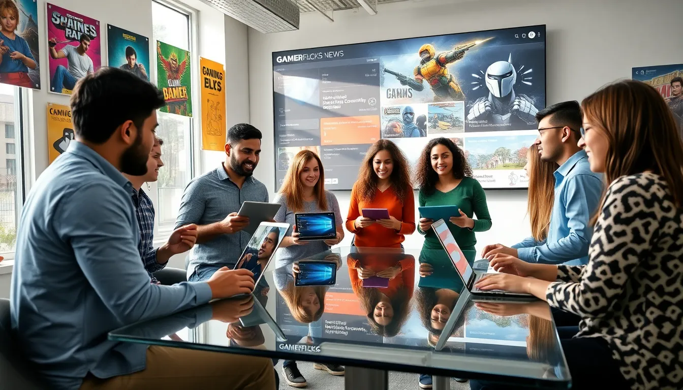 diverse gamers discussing content in a modern workspace.