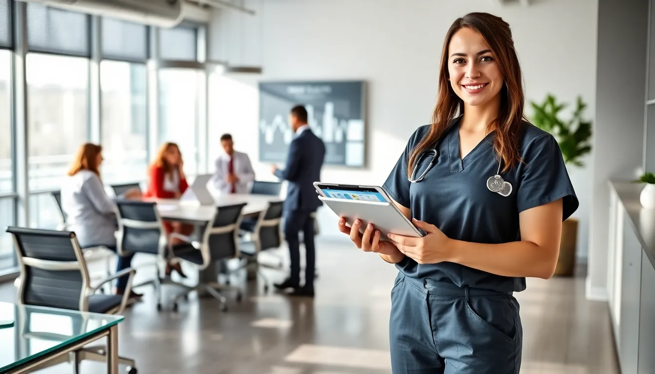 nurse entrepreneur presenting digital health solutions in a modern office.