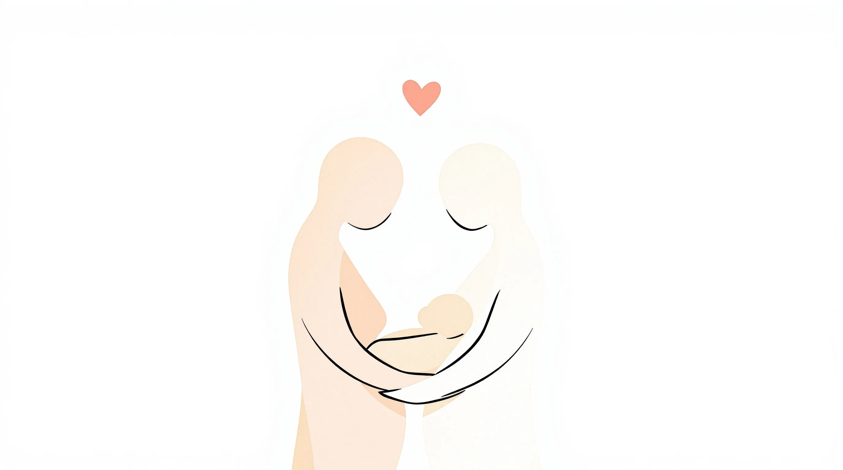 Two silhouettes holding a newborn with soft glow above on white background.