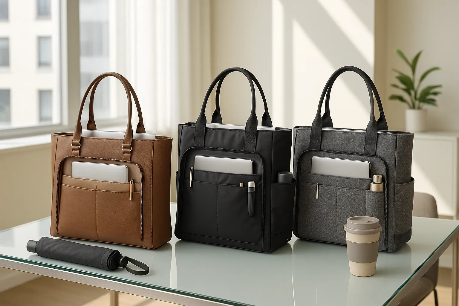 Three stylish work totes for women on a modern office desk.