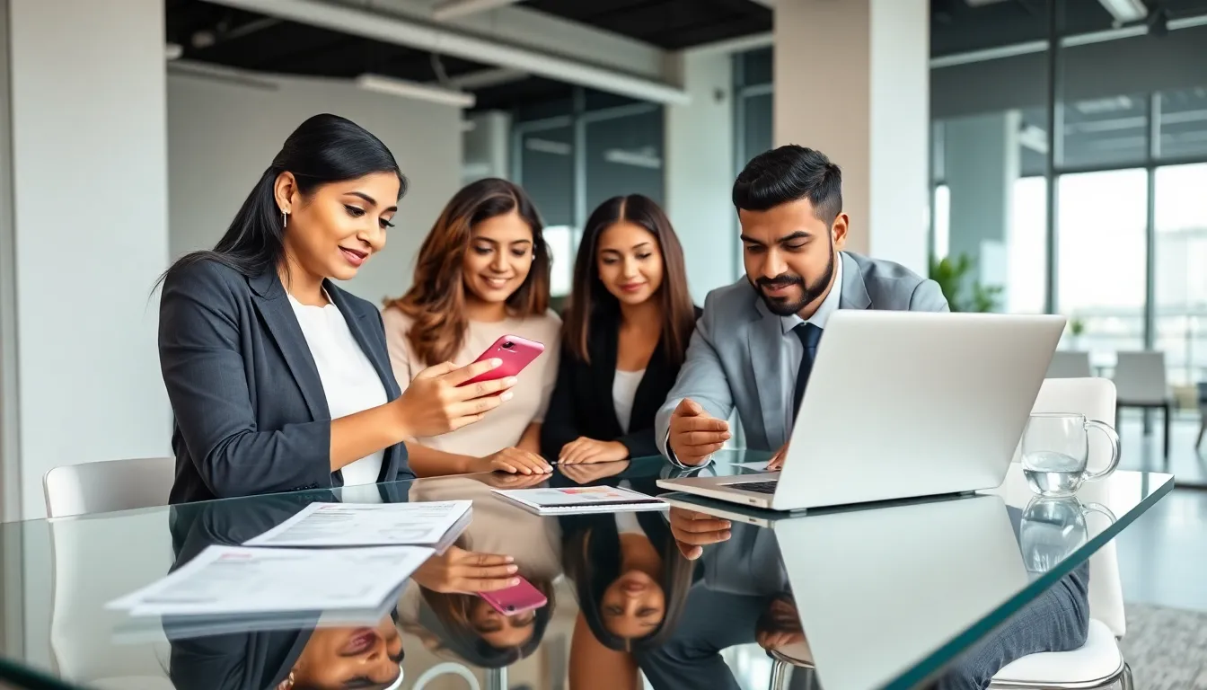 diverse team discussing T-Mobile account methods in a modern office setting.