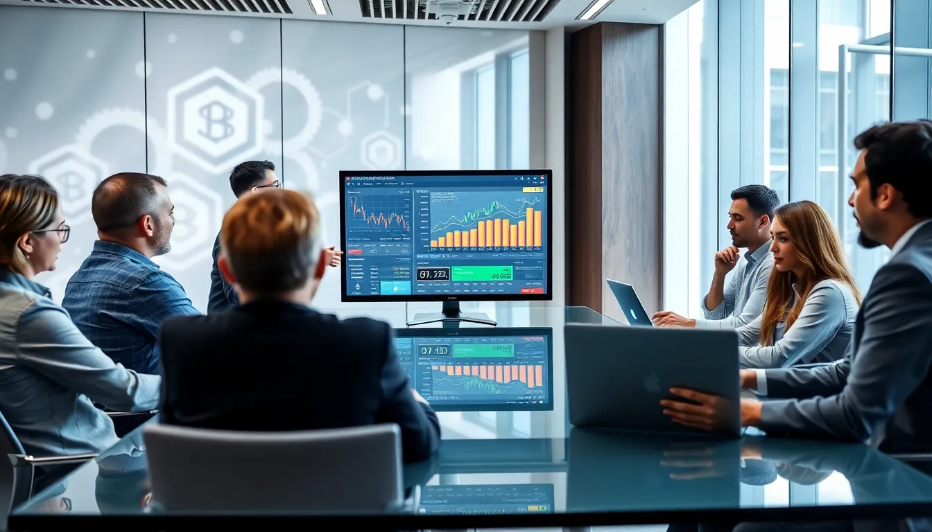 diverse team collaborating over cryptocurrency trading in a modern office.