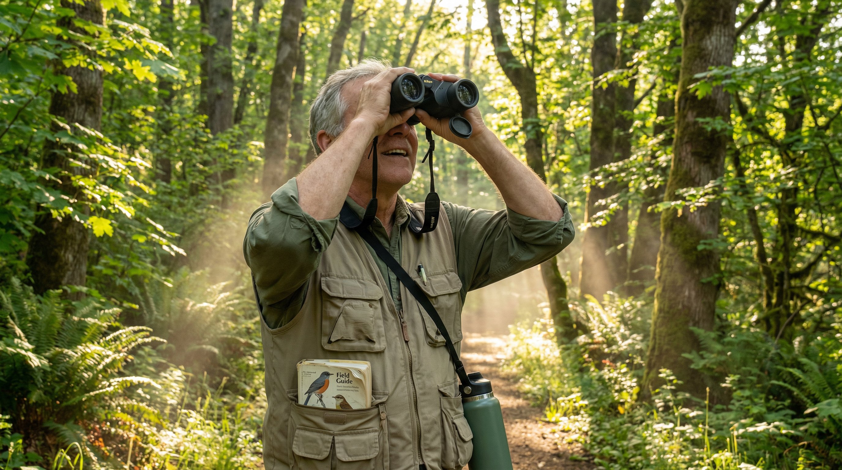 A man with binoculars and birding gear on a sunlit forest trail.