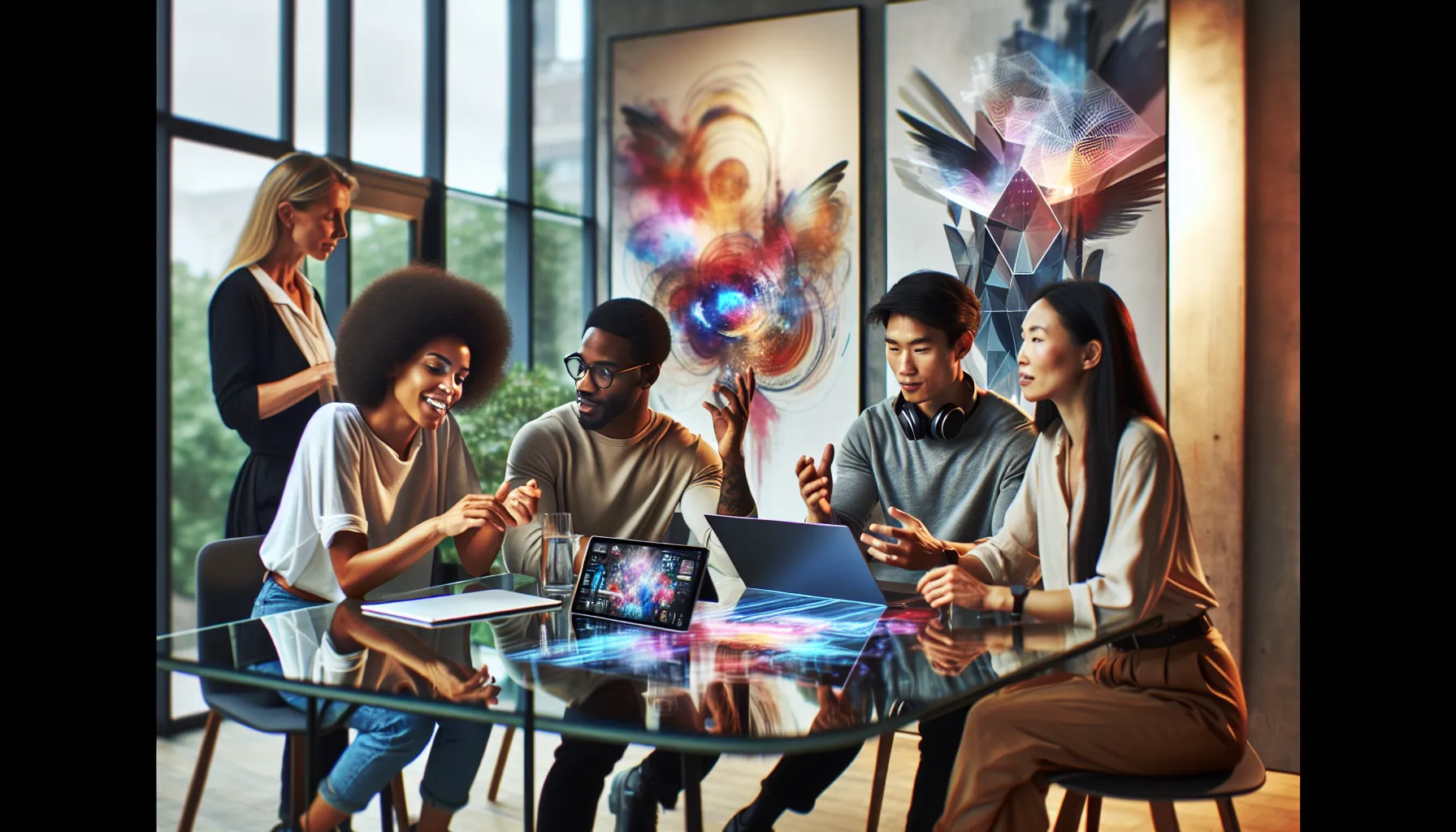 diverse team collaborating on photoacomapnha projects in a modern office.