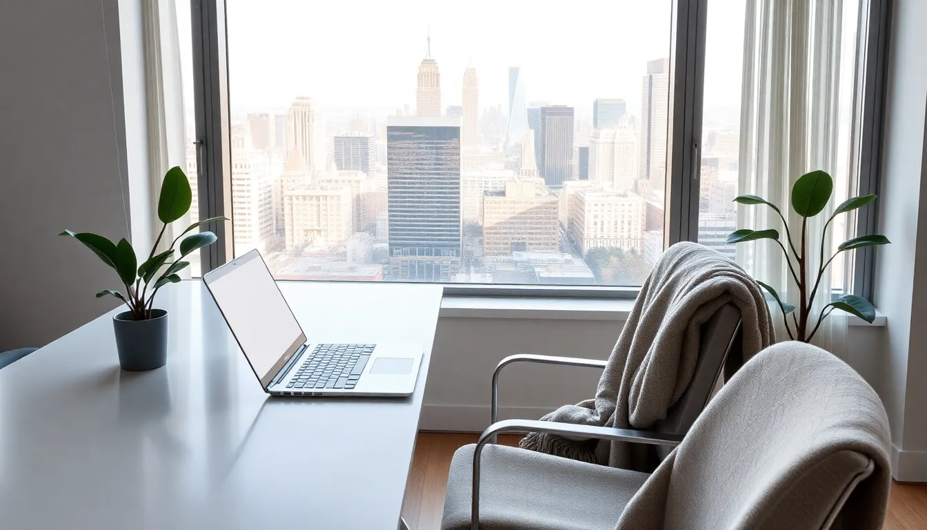 modern workspace for digital nomads in a vibrant city apartment.