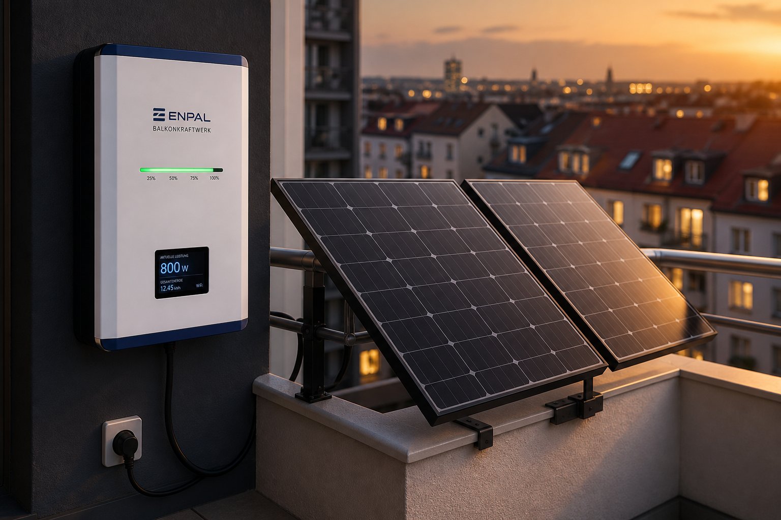 Balkonkraftwerk mit Batteriespeicher an einem Mehrfamilienhaus in der Abenddämmerung