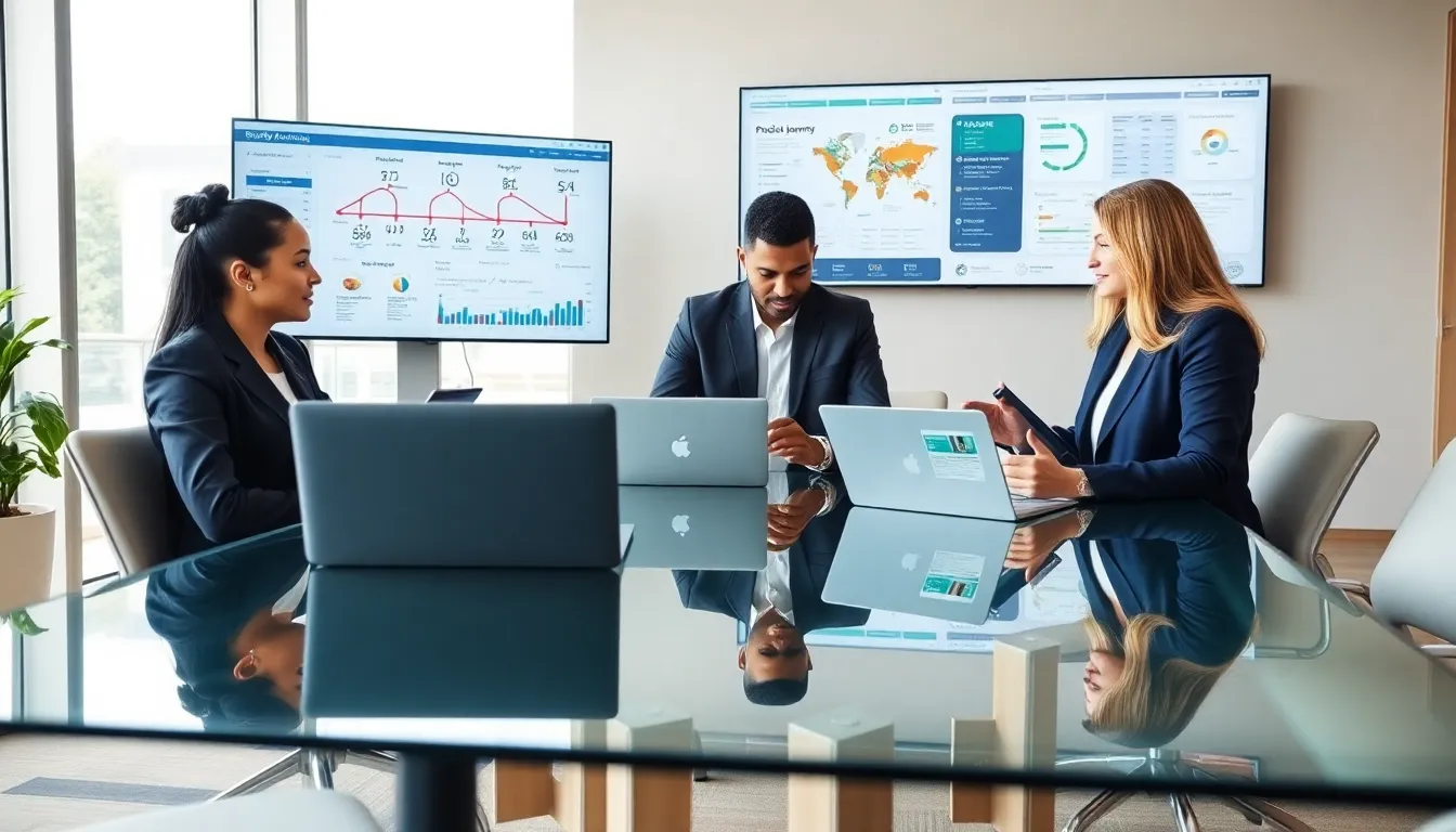 diverse team discussing supply chain management software in a modern office.