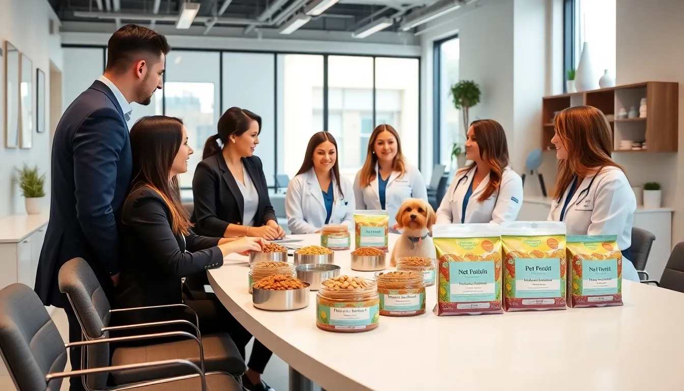 veterinary team discussing pet nutrition in a modern center.