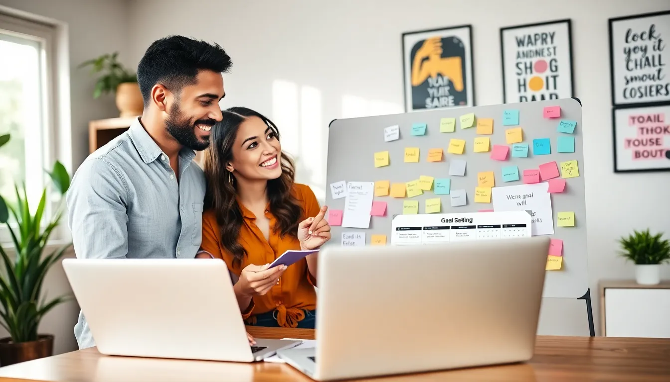 couple setting goals together in a modern home office.