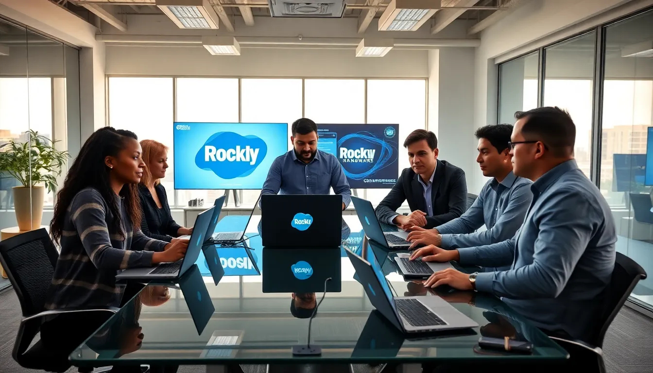 diverse team discussing advanced Rocky Hardware in a modern office.